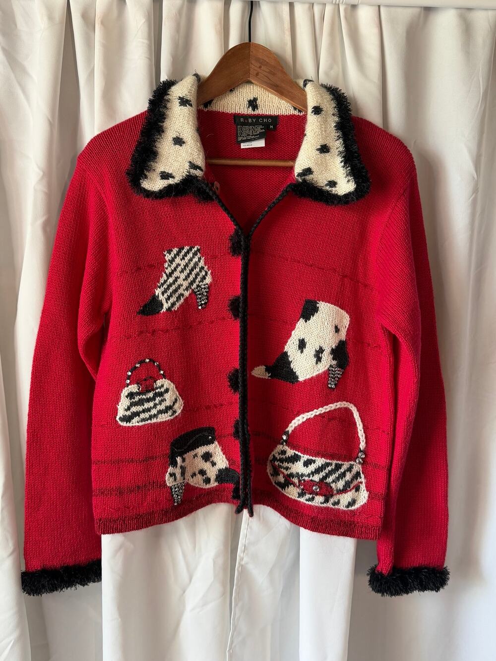 Ruby Cho Novelty Cardigan M Red B Faux Fur Trim Quirky Zebra Dalmation Intarsia